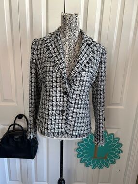 Stunning Cleo, black and white Tweed jacket with fringe trim size 10